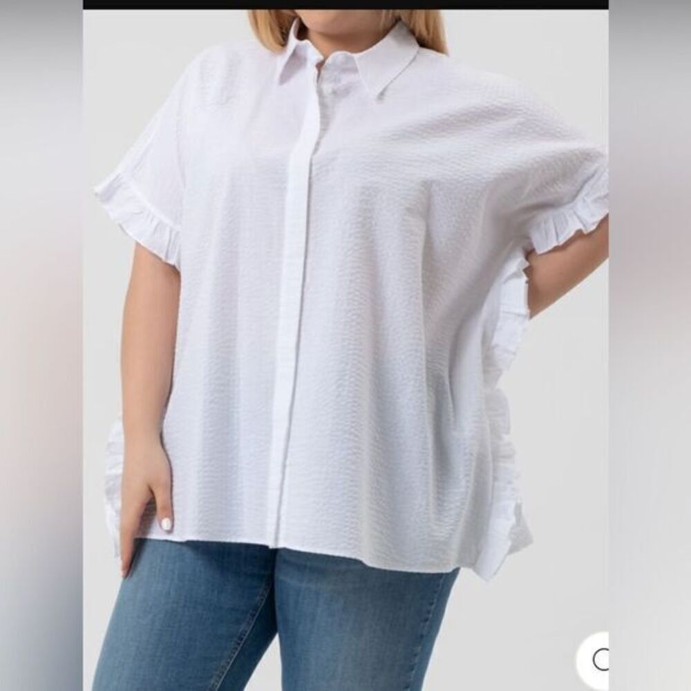 NWT Harshman Women’s Darcy White Seersucker Ruffle Blouse Top Oversized- XS